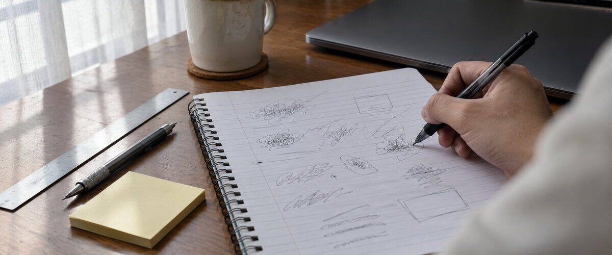 A hand holds a pen over an open ruled notebook beside a mug, sticky notes, and a pencil on a desk by a window.