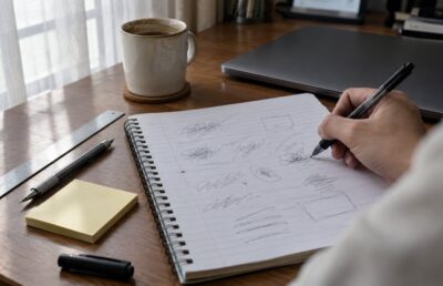 A hand holds a pen over an open ruled notebook beside a mug, sticky notes, and a pencil on a desk by a window.